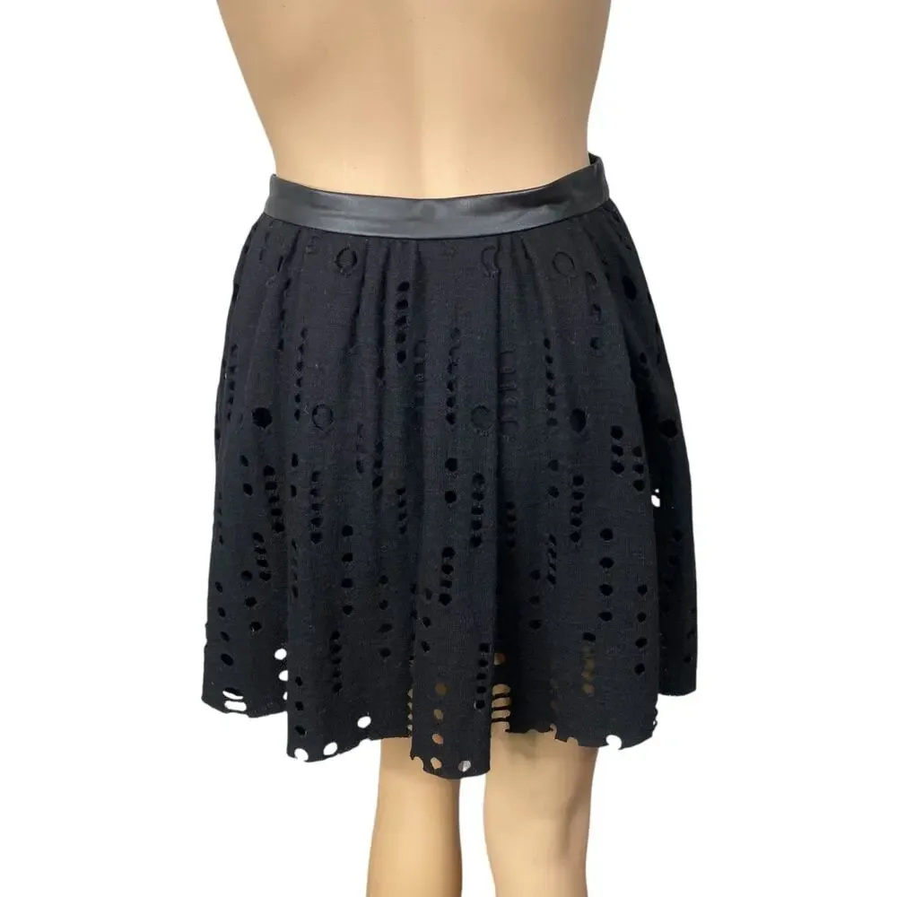 Maje Paris Black Pleated Knit Skirt XS | Laser Cut Perforated Leather Trim Luxe